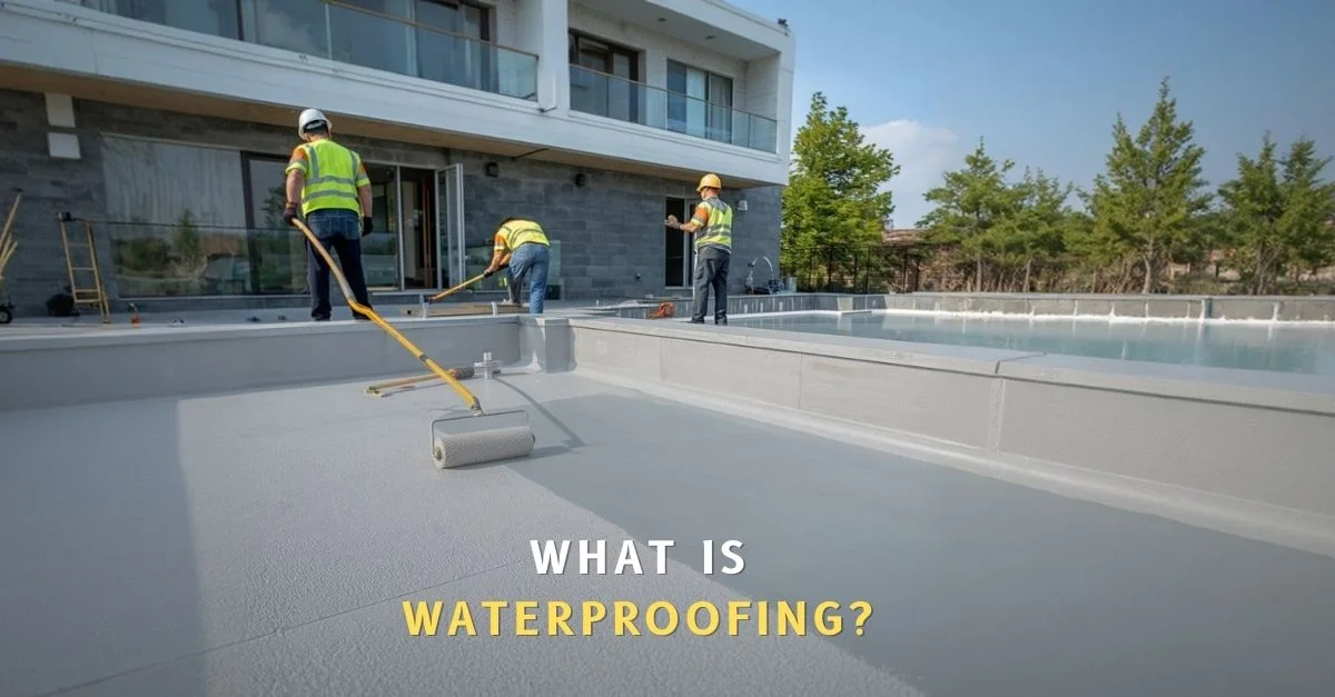 What Is Waterproofing Indian workers applying waterproofing on concrete roof and bathroom floor in residential construction