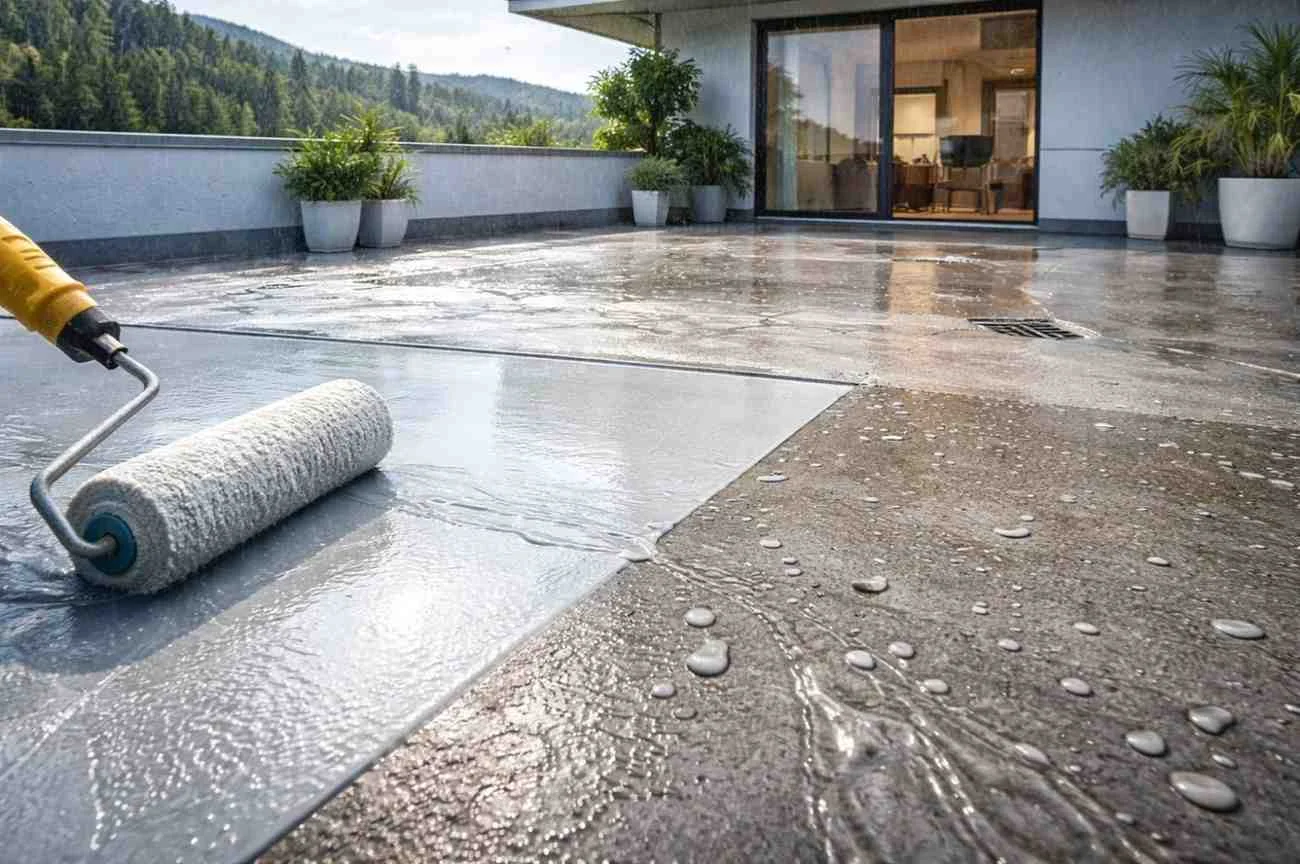 Modern building surfaces being protected with waterproofing chemicals against rain and water seepage