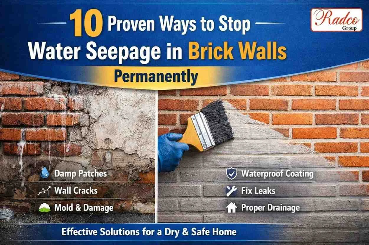 Water seepage on exterior brick wall showing damp patches